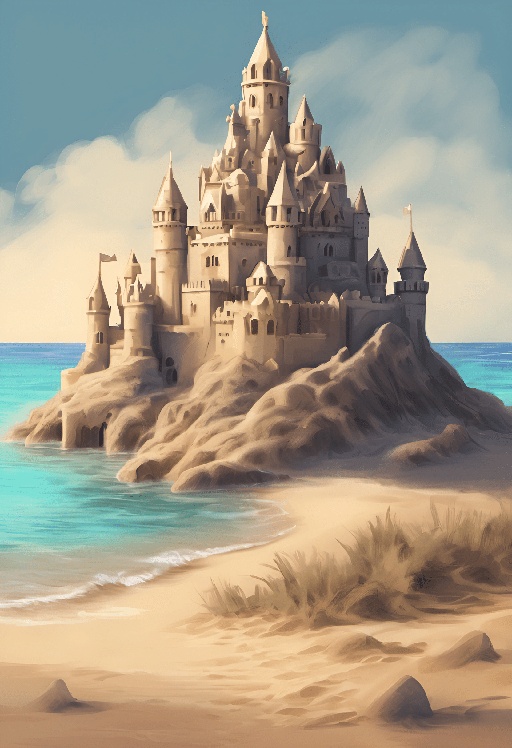 a sand castle on a beach with a blue ocean
