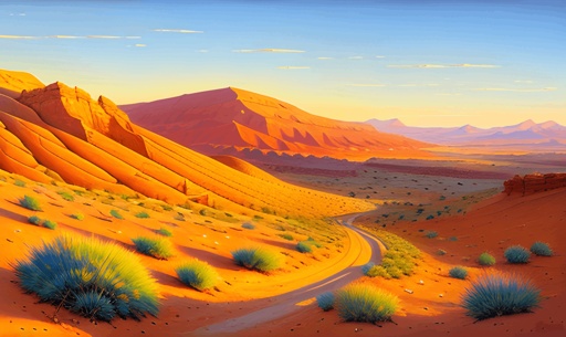 painting of a desert landscape with a winding road in the middle