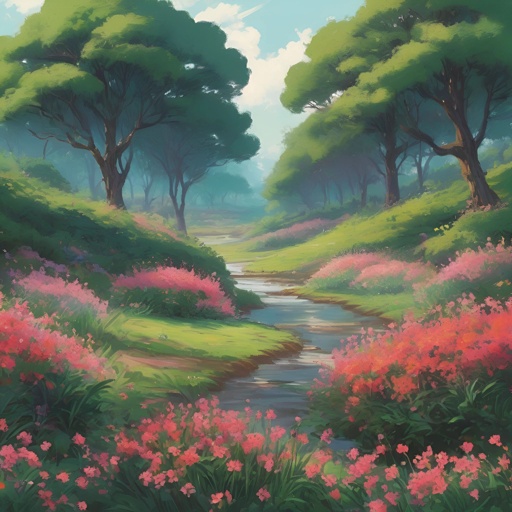 painting of a stream running through a lush green forest filled with pink flowers