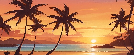 view of a beach with palm trees and a sunset
