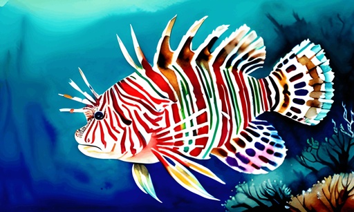 painting of a lionfish in a colorful coral reef scene