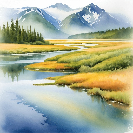 painting of a river with mountains in the background
