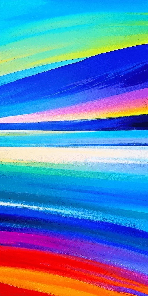 abstract painting of a colorful ocean with a blue sky and a few clouds
