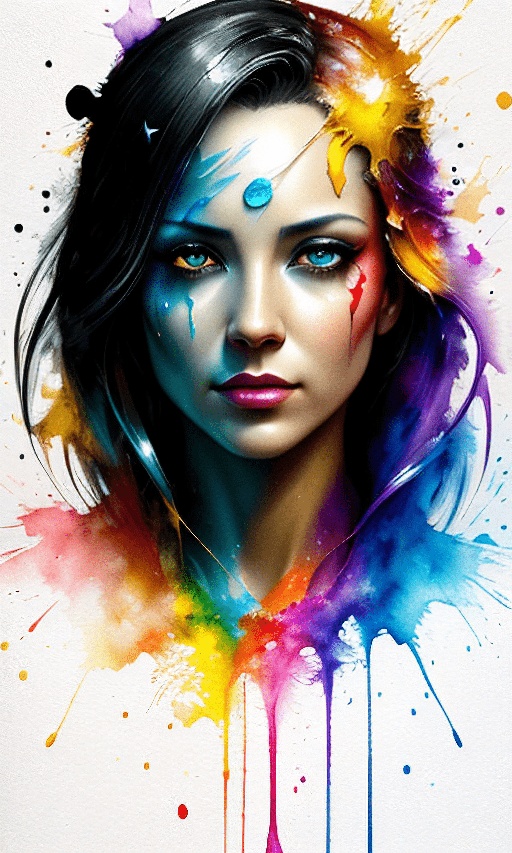 a close up of a woman with a colorful face and paint splatters