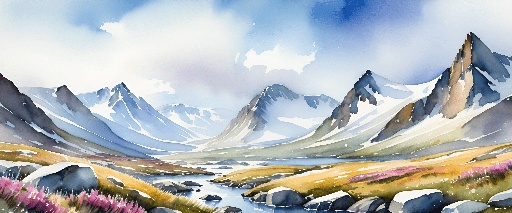 painting of a mountain landscape with a stream running through it