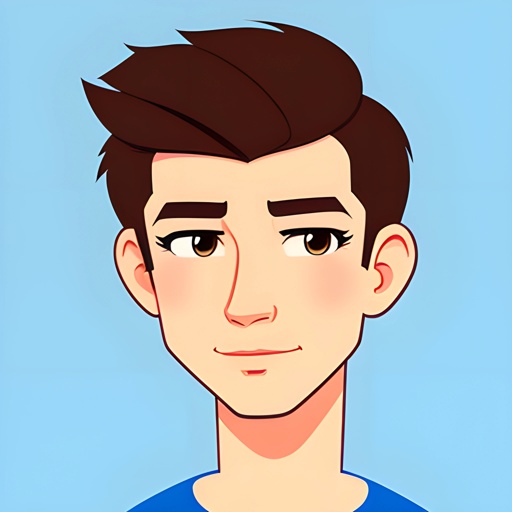 cartoon of a man with a blue shirt and brown hair