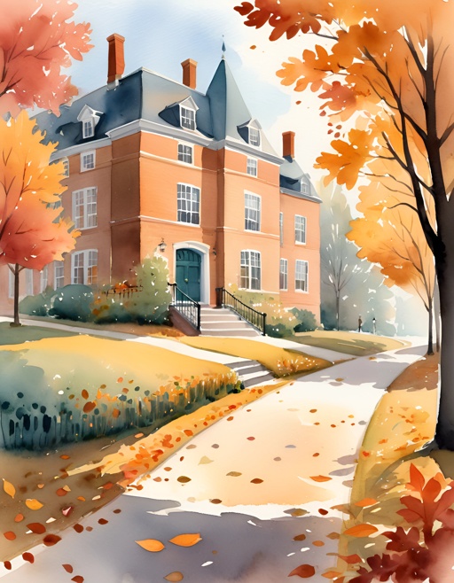 painting of a house in the fall with leaves on the ground