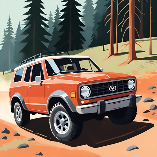 a red suv driving down a dirt road in the woods