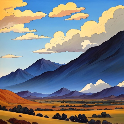 painting of a desert landscape with mountains and clouds in the sky