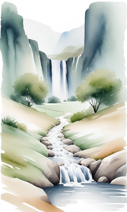 a painting of a waterfall in the middle of a mountain