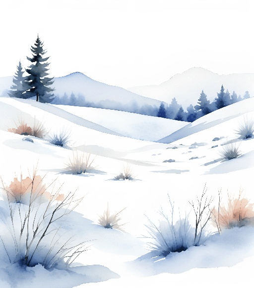 a painting of a snowy landscape with trees and bushes