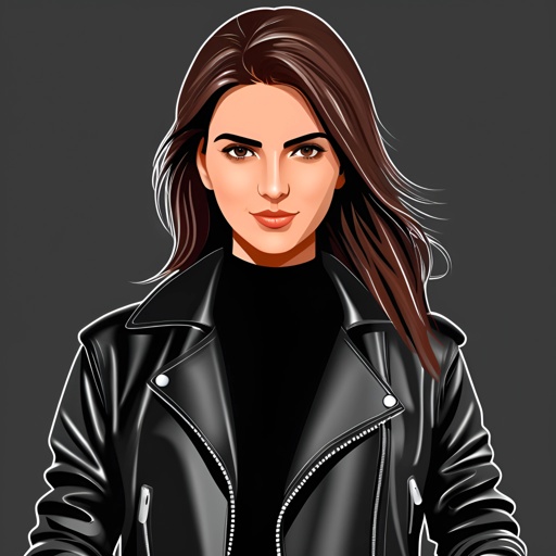cartoon girl in a black leather jacket with a black turtle neck
