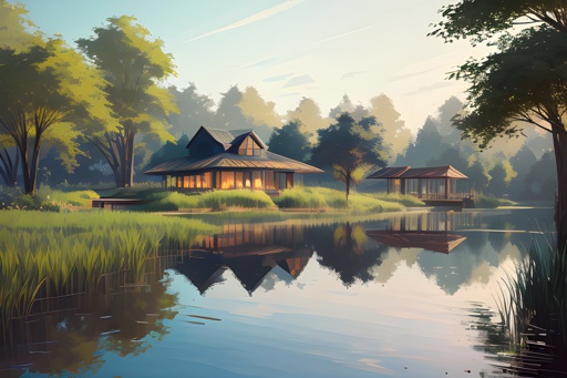 painting of a house on a lake with a gazebo in the background