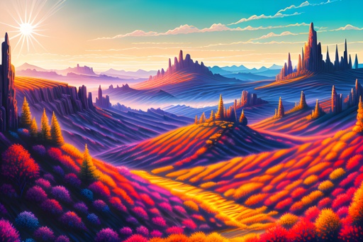 painting of a colorful landscape with a mountain and valley in the background