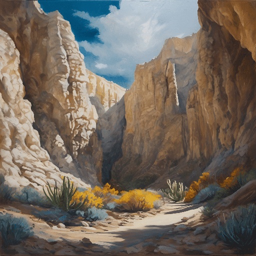painting of a desert scene with a mountain in the background