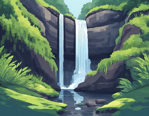 a waterfall in the middle of a forest with rocks