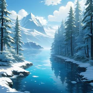 snowy mountain scene with a river and trees in the foreground