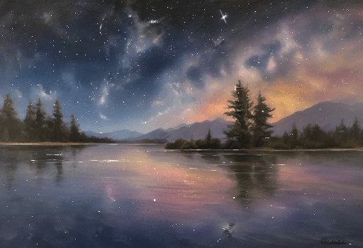 painting of a lake with a mountain and a sky with stars