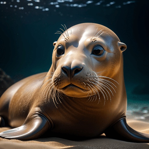 a statue of a seal sitting on a sandy surface