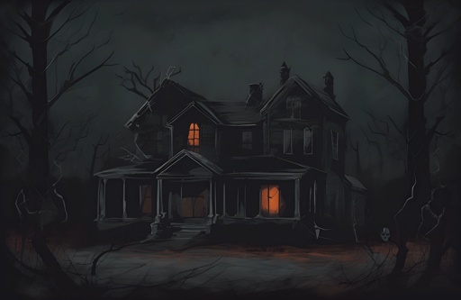 painting of a creepy house with a creepy light at the front