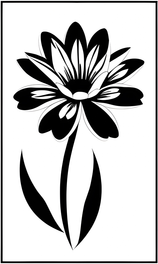 a black and white flower with a stem in the middle