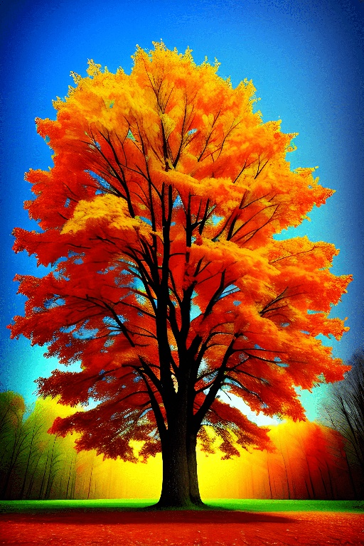 tree with orange leaves in a field with a blue sky