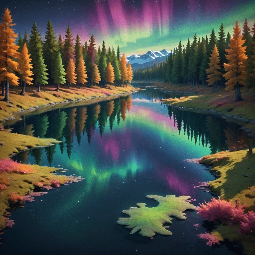 brightly colored aurora bore over a lake with trees and a mountain in the background