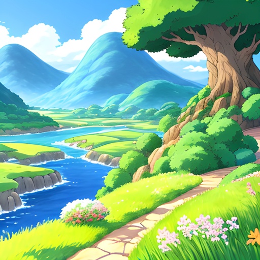 cartoon landscape with river and mountains and trees