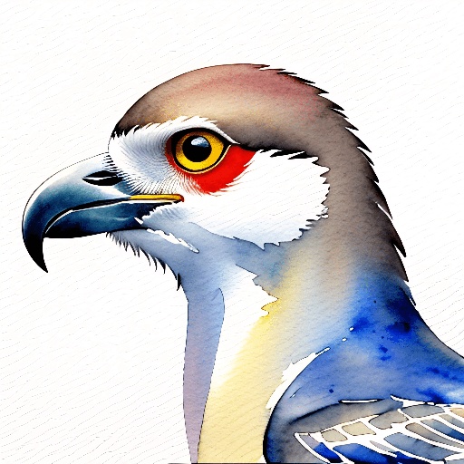 a bird with a red eye and a blue and white head