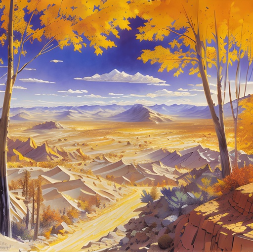 painting of a desert landscape with a road and trees in the foreground
