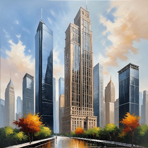 painting of a city with tall buildings and a river in the foreground