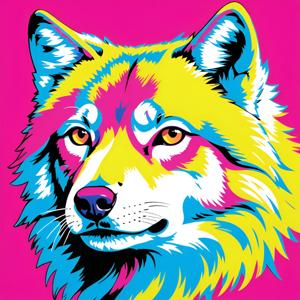 brightly colored wolf portrait on pink background with yellow eyes