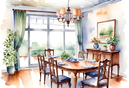 a painting of a dining room with a table and chairs