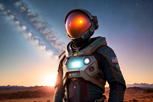 astronaut in space suit standing in desert with bright light on his face