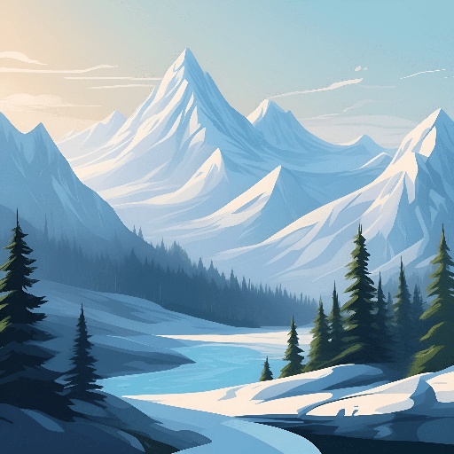 snowy mountain scene with a river and pine trees in the foreground