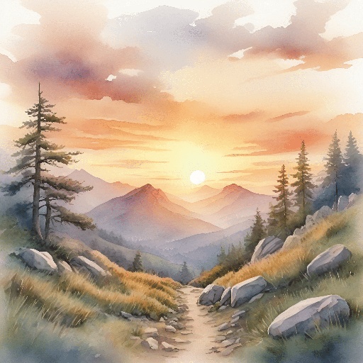 painting of a mountain scene with a path leading to a sunset