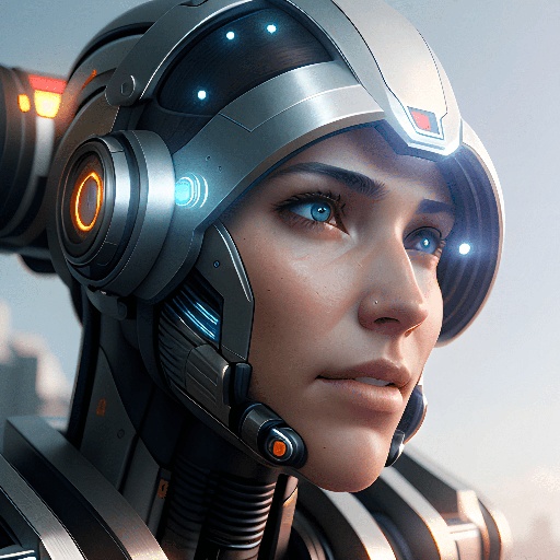 futuristic woman with futuristic helmet and headphones looking at camera