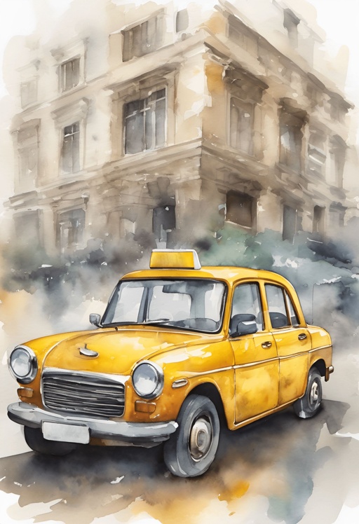 painting of a yellow taxi cab driving down a street in front of a building