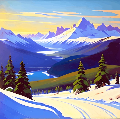 painting of a snowy mountain scene with a lake and pine trees