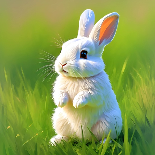 a white rabbit sitting in the grass with its paws up