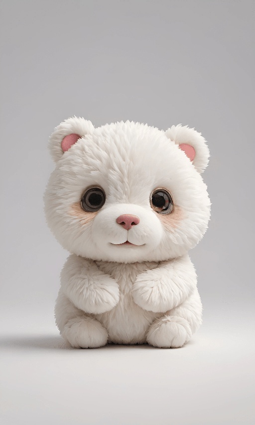 a white teddy bear with big eyes and a pink nose