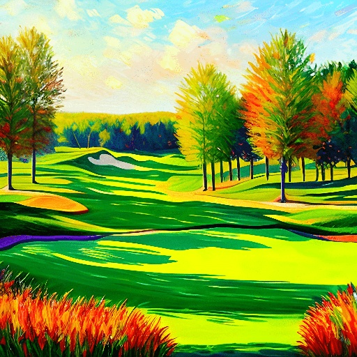 painting of a golf course with a green and trees in the background