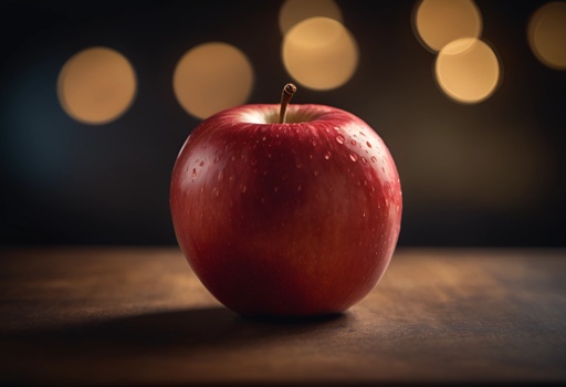 a red apple sitting on a table with a blurry background