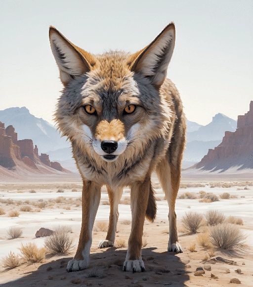 a painting of a coyote standing in the desert