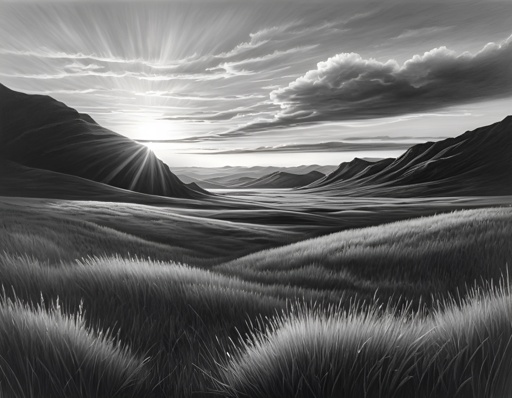 view of a black and white landscape with a sunburst