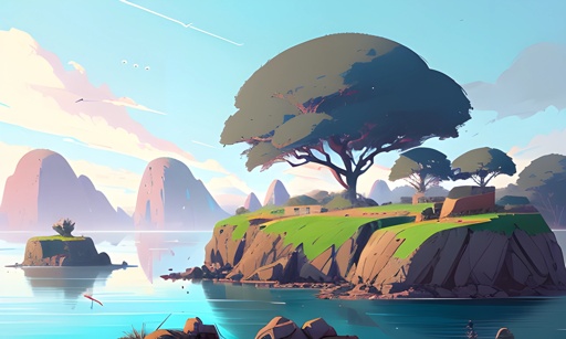 a cartoon style picture of a small island with a tree