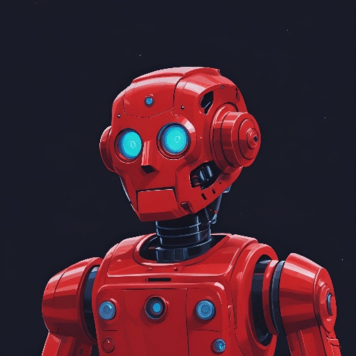 a red robot with blue eyes standing in front of a black background