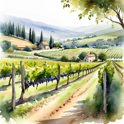 painting of a vineyard scene with a house and a tree