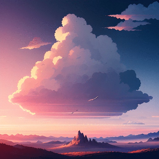 a painting of a mountain with a bird flying in the sky