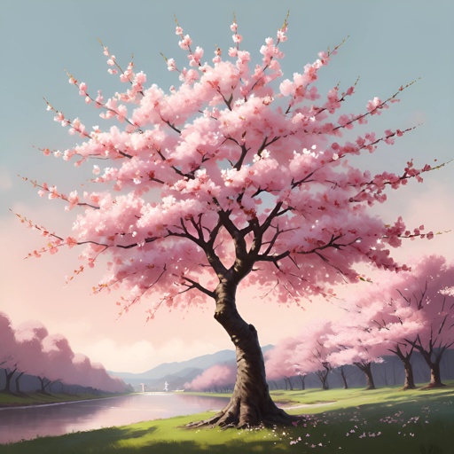 painting of a cherry tree in a park with a lake in the background